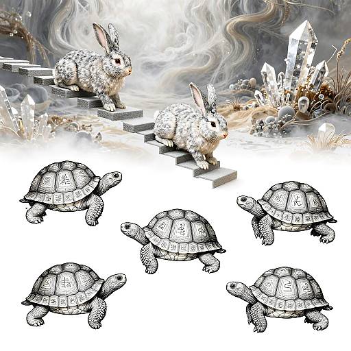 Surreal Rabbits Ascending Steps with Ancient Tortoises