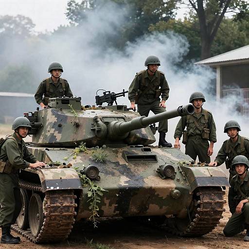 Intense Military Scene with Camouflaged Tank