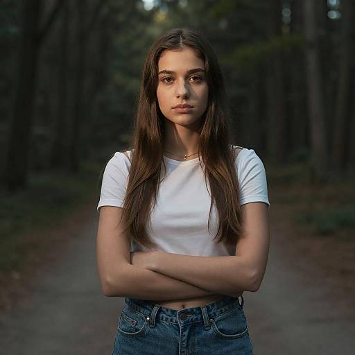 Photograph of a young woman with long brown hair, wearing a white t-shirt and blue jeans, standing with arms crossed in a forest path. Dark