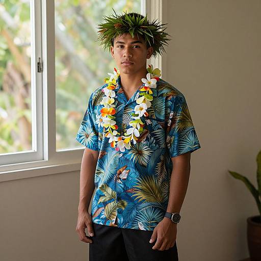 Photograph of an Asian man with spiky green hair, wearing a blue floral shirt, tropical flower lei, standing near a sunlit window.