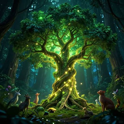 Fantastical forest scene: glowing tree with magical yellow lights, surrounded by enchanted deer and glowing fireflies, illuminated by ethereal green light. Digital