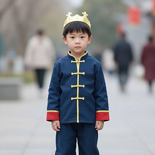 Photograph of an Asian boy wearing a navy blue Chinese-style uniform with yellow buttons and red cuffs, topped with a gold crown, standing on a blurry