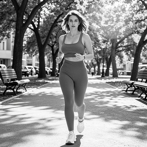 Black-and-white photograph of a fit woman with wavy hair, wearing a sports bra and high-waisted leggings, jogging in a sunlit park