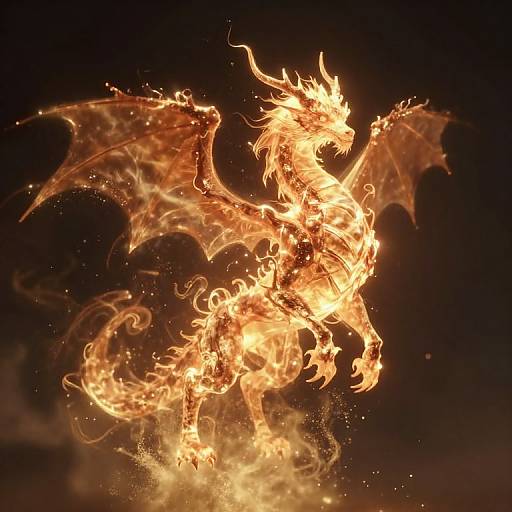 Photograph of a blazing, fiery dragon with glowing orange flames, sharp wings, and intricate details, set against a dark background.