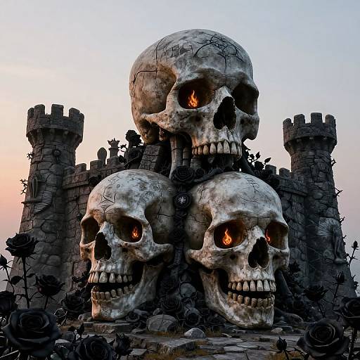 Photorealistic digital art: three glowing, weathered skulls stacked atop a crumbling, rose-covered castle with crenellated towers at sunset.