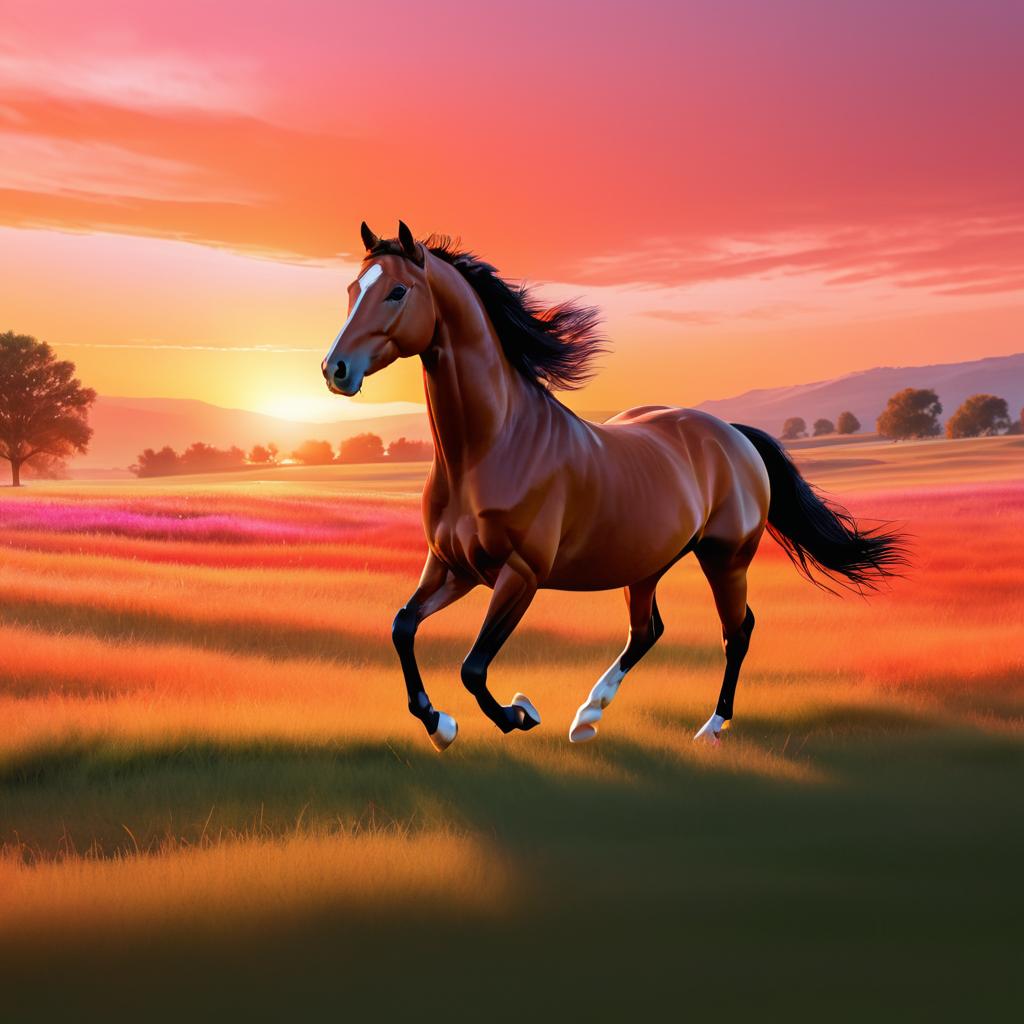 Solitary Horse in Sunset Meadow