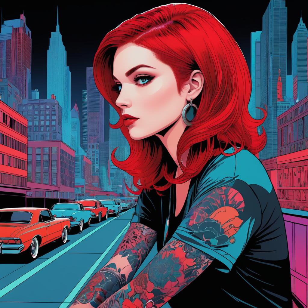 Dramatic Cityscape with Red-Haired Heroine