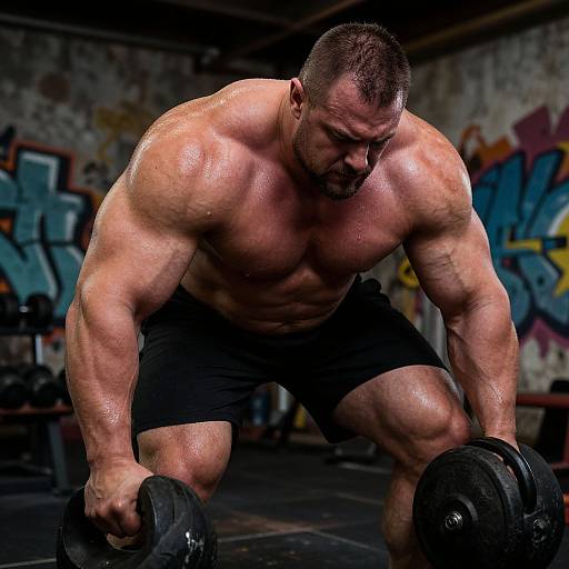 Photograph of a muscular, shirtless, bearded man with short dark hair doing a squat with dumbbells in a graffiti-covered gym.
