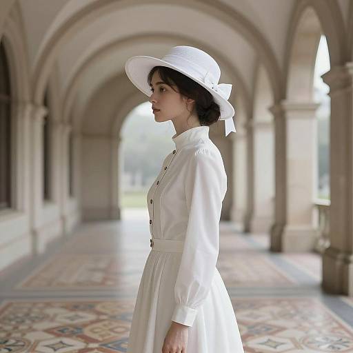 Elegant Woman in Arched Corridor Illustration