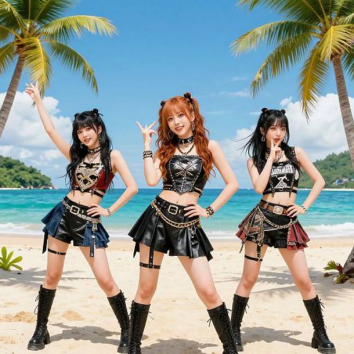Three Asian women with black hair in goth-inspired outfits, leather skirts, and boots, pose confidently on a tropical beach with palm trees and blue ocean