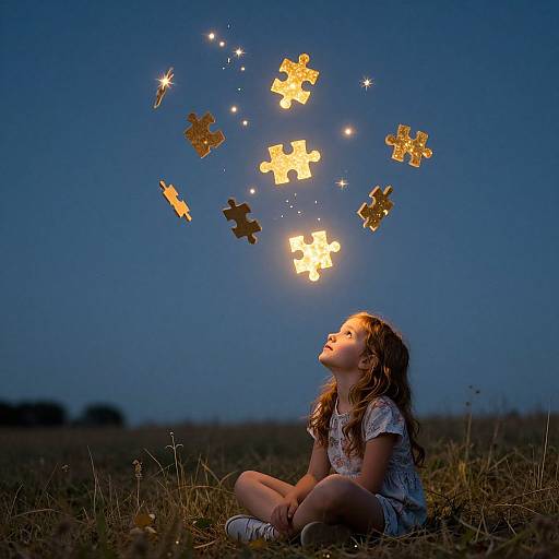 Photograph of a young girl with wavy brown hair, wearing a white dress, sitting in a grassy field at dusk, gazing at glowing