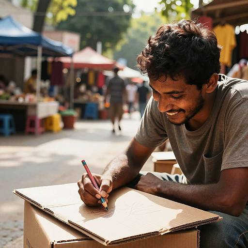 Hopeful Homeless Artist in Market