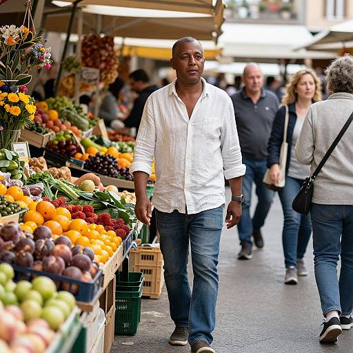 Photograph of a Black man in a white shirt walking through a colorful outdoor market, surrounded by vibrant fruits and other shoppers.