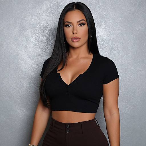 Photograph of a beautiful, Latina woman with long, straight black hair, wearing a black, V-neck crop top and high-waisted brown pants