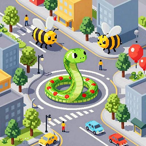 Pixel art street scene: large green snake with red flowers at roundabout, two giant bees, colorful cars, people, trees, and buildings.