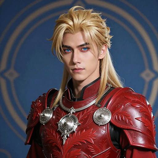 Digital CGI portrait of a blonde, blue-eyed man with long hair, wearing ornate red medieval armor with silver details, against a blue circular patterned