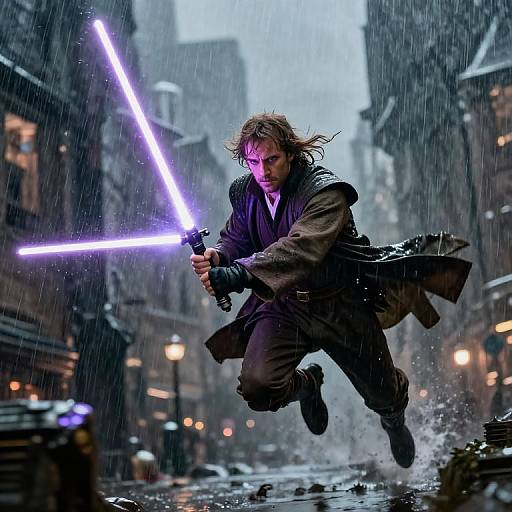 Jedi Warrior in Rain with Double Lightsaber