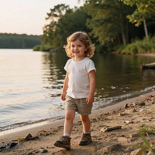 Photograph of a smiling young girl with curly brown hair, wearing a white t-shirt, beige shorts, and brown shoes, standing on a rocky lakes