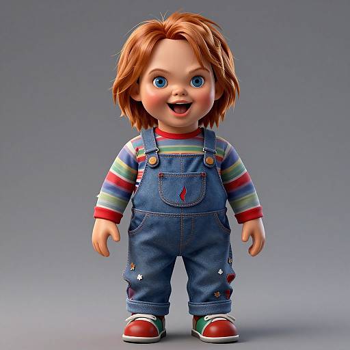 CGI image of a smiling baby doll with red hair, blue eyes, wearing denim overalls, striped shirt, and red shoes.