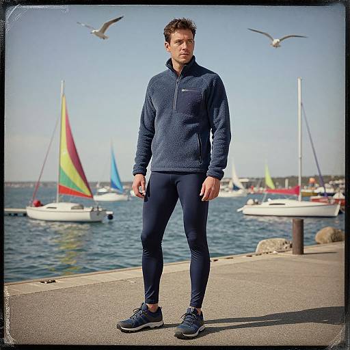 Photograph of a fit, young man with short brown hair, wearing a dark blue zip-up jacket and black pants, standing on a waterfront pier with