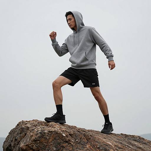 Photograph of a young Asian man in a gray hoodie and black shorts, standing confidently on a rocky outcrop, fists raised, against a cloudy sky