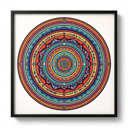 Vibrant, circular, mandala-style artwork with intricate, colorful patterns in red, blue, yellow, and orange, framed in black on white