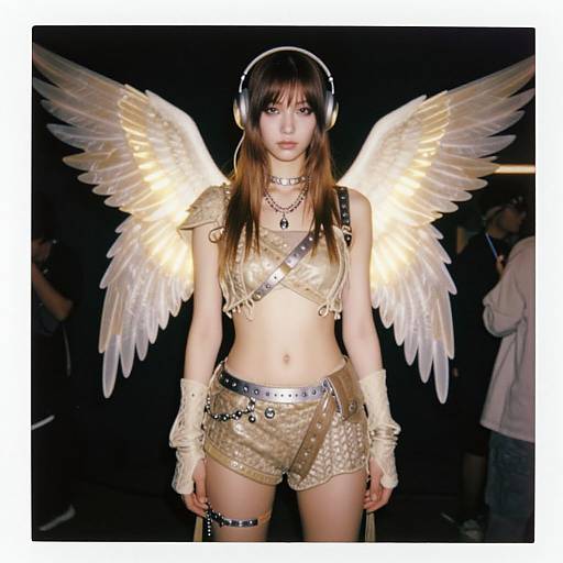 Photograph of a young woman with angel wings, wearing a metallic gold crop top, shorts, gloves, and headphones, in a dimly lit setting