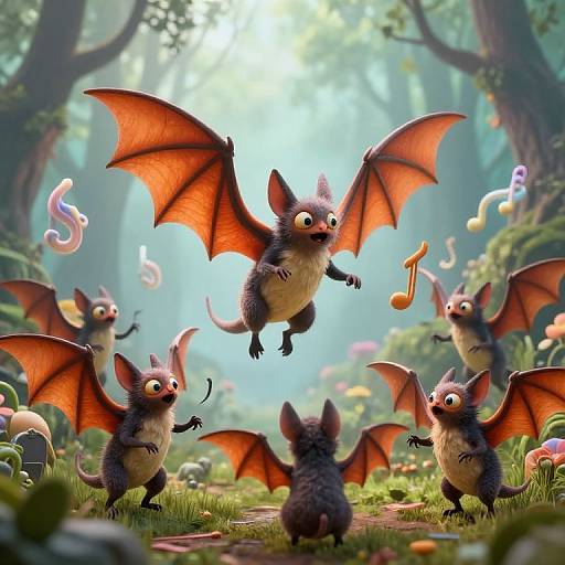 CGI fantasy forest scene: Adorable, cartoonish bat-like creatures with red-orange wings and fluffy gray fur play and leap mid-air, surrounded by