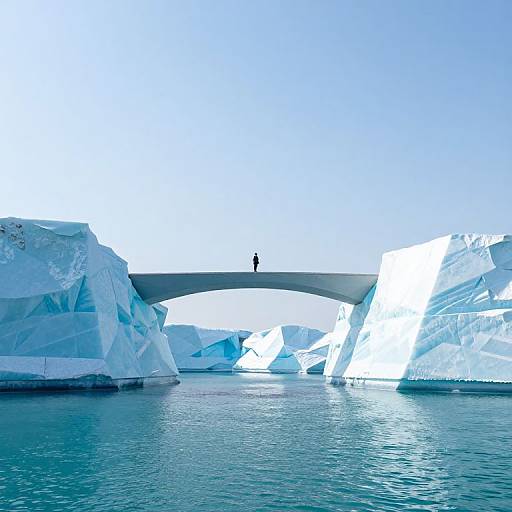 Photograph of a solitary figure on a bridge spanning between towering, icy blue glaciers with clear, calm water below.