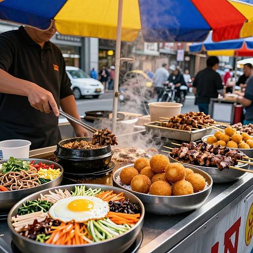 Photograph of a street food vendor grilling skewers under colorful umbrellas, with steaming dishes and vibrant vegetables in front.