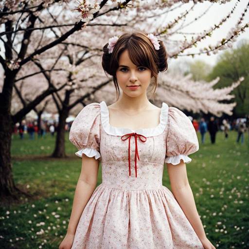 Young Woman in German Fest Dress Among Cherry Blossoms