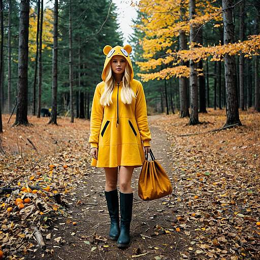 Young Woman in Yellow Bear Hoodie Dress in Autumn Forest