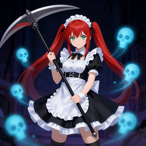 Anime-style digital illustration of a red-haired girl in a black-and-white maid outfit, holding a scythe with floating blue skulls.