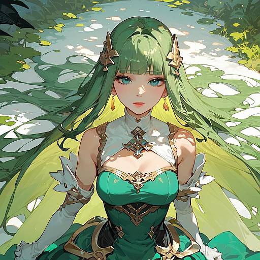 Digital anime-style artwork of a green-haired woman with blue eyes, wearing a green and gold dress with white gloves, standing in a sunlit forest path