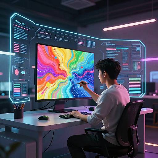 Futuristic Digital Artist with Holographic AI Interface
