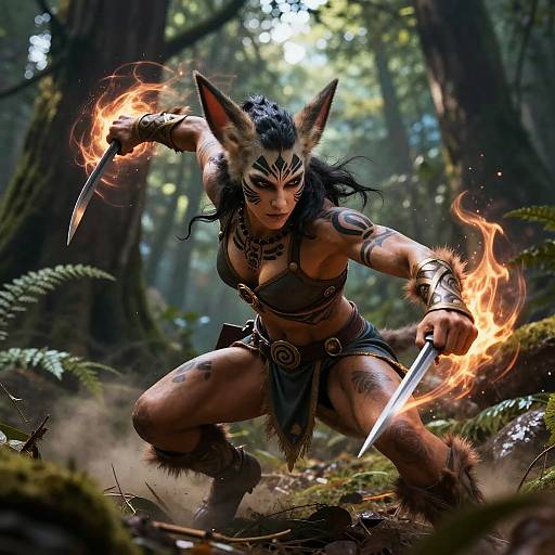 Digital art of a fierce, tattooed, fox-eared warrior woman with glowing fire in both hands, wielding dual knives in a dense forest.
