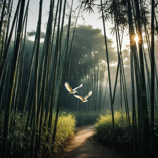Morning Bamboo Grove with Flying Herons Morning Bamboo Grove with Flying Herons