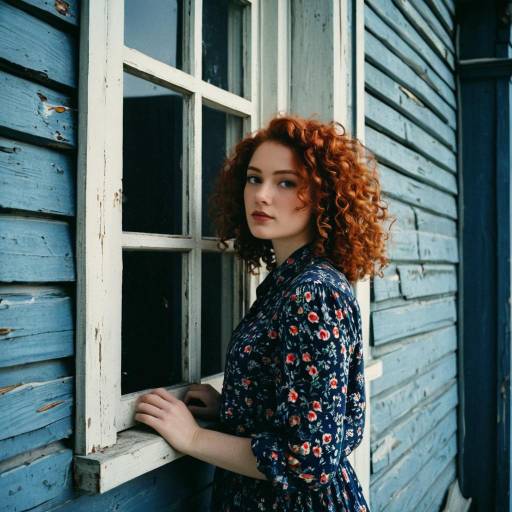 Redhead Woman in Floral Dress by Weathered Blue Wall