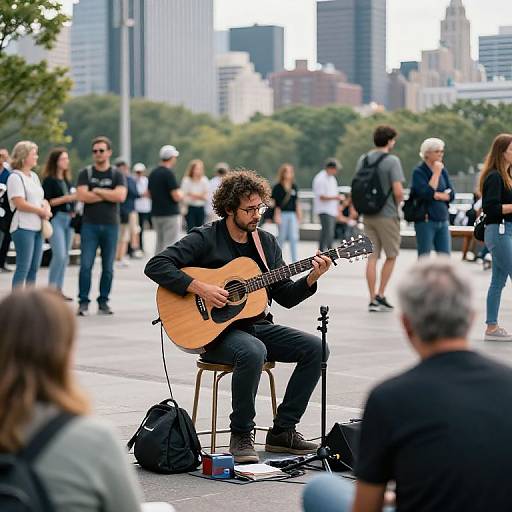 Photograph of a curly-haired man with a beard playing an acoustic guitar on a city sidewalk, surrounded by people, with urban buildings in the background.