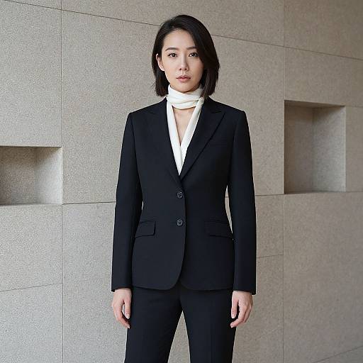 Photograph of an Asian woman with short black hair, wearing a black suit and white scarf, standing against a textured beige wall.