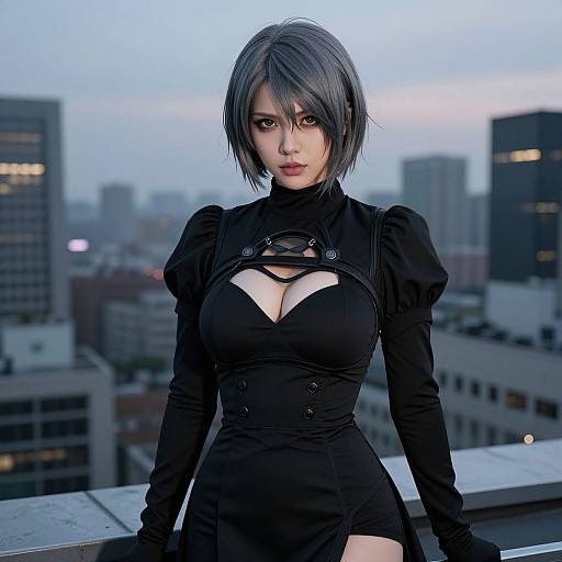 Photorealistic digital art of a gray-haired woman with large breasts in a black, cleavage-revealing dress, standing on a rooftop against a