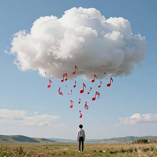 Photograph of a man in a white shirt and black pants, standing in a grassy field, facing a large white cloud with red musical notes floating