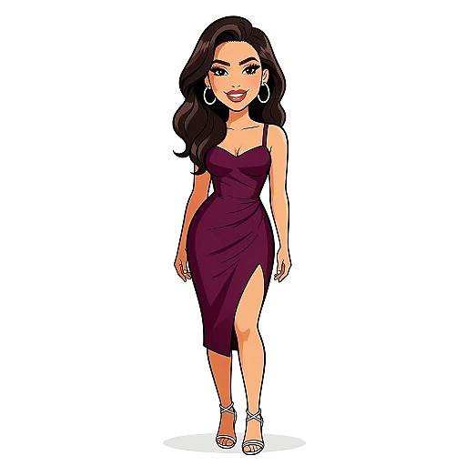 Digital illustration of a confident woman with long black hair, wearing a tight, dark purple dress with a high slit, silver hoop earrings, and white str