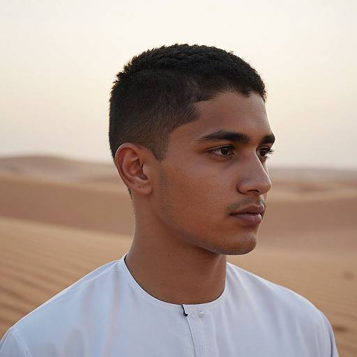 Photograph of a young, brown-skinned man with short black hair, wearing a white traditional Arabic thobe, gazing into the distance against a