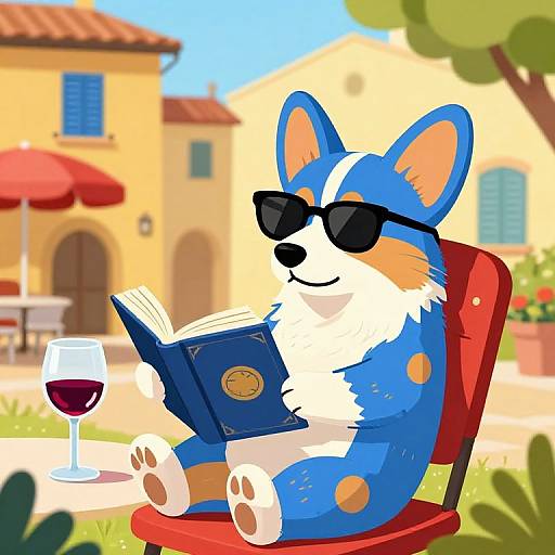 Digital illustration of a blue and white corgi in sunglasses, reading a book on a red chair, with a glass of red wine and a sunny