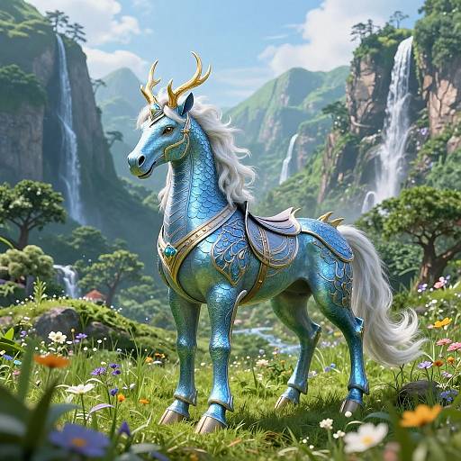 Photorealistic digital art of a blue, armored unicorn with white mane and golden antlers in a vibrant, mountainous meadow with waterfalls.