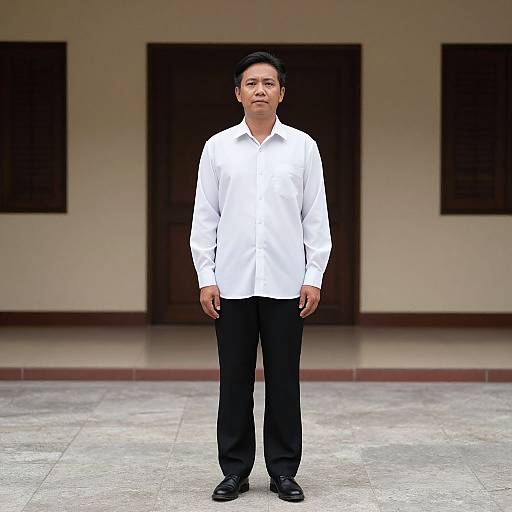 Photograph of an Asian man with short black hair, wearing a white long-sleeve shirt, black pants, and black shoes, standing in front