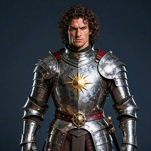 Photograph of a curly-haired man in shiny, medieval-style silver armor with a sun emblem, dark background, intense expression.