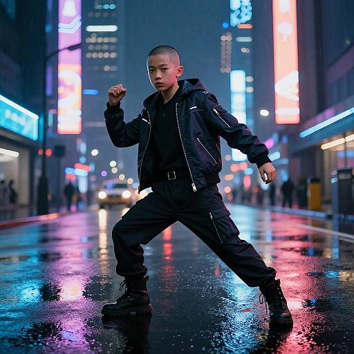 Photograph of a young Asian man in a black jacket and pants, striking a powerful stance on a rain-soaked, neon-lit city street at