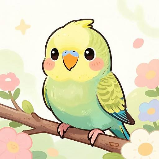 Chibi Budgie in Pastel Flowers